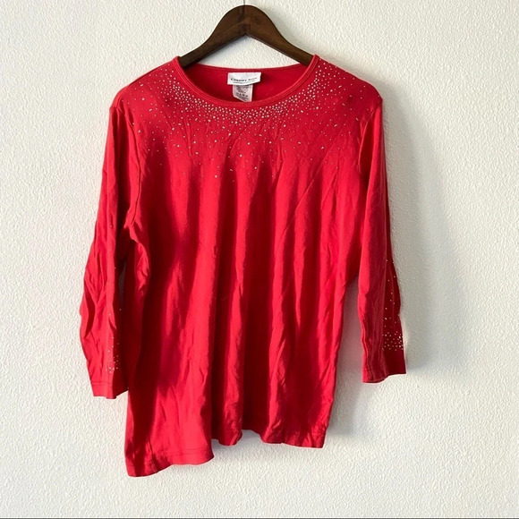 100% Cotton Embellished Top Crewneck Red 3/4 Sleeve Shirt Size XL Holiday Fall - Picture 8 of 8